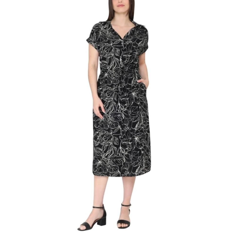 NEW Badgley Mischka Dark Tropical Floral Outline V-Neck Midi Dress Moody XS